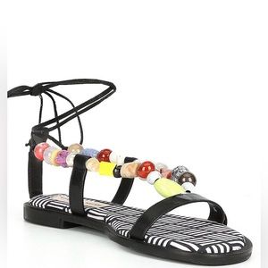 Antonio Melani Ankle Wrap Beaded Leather Flat Sandals